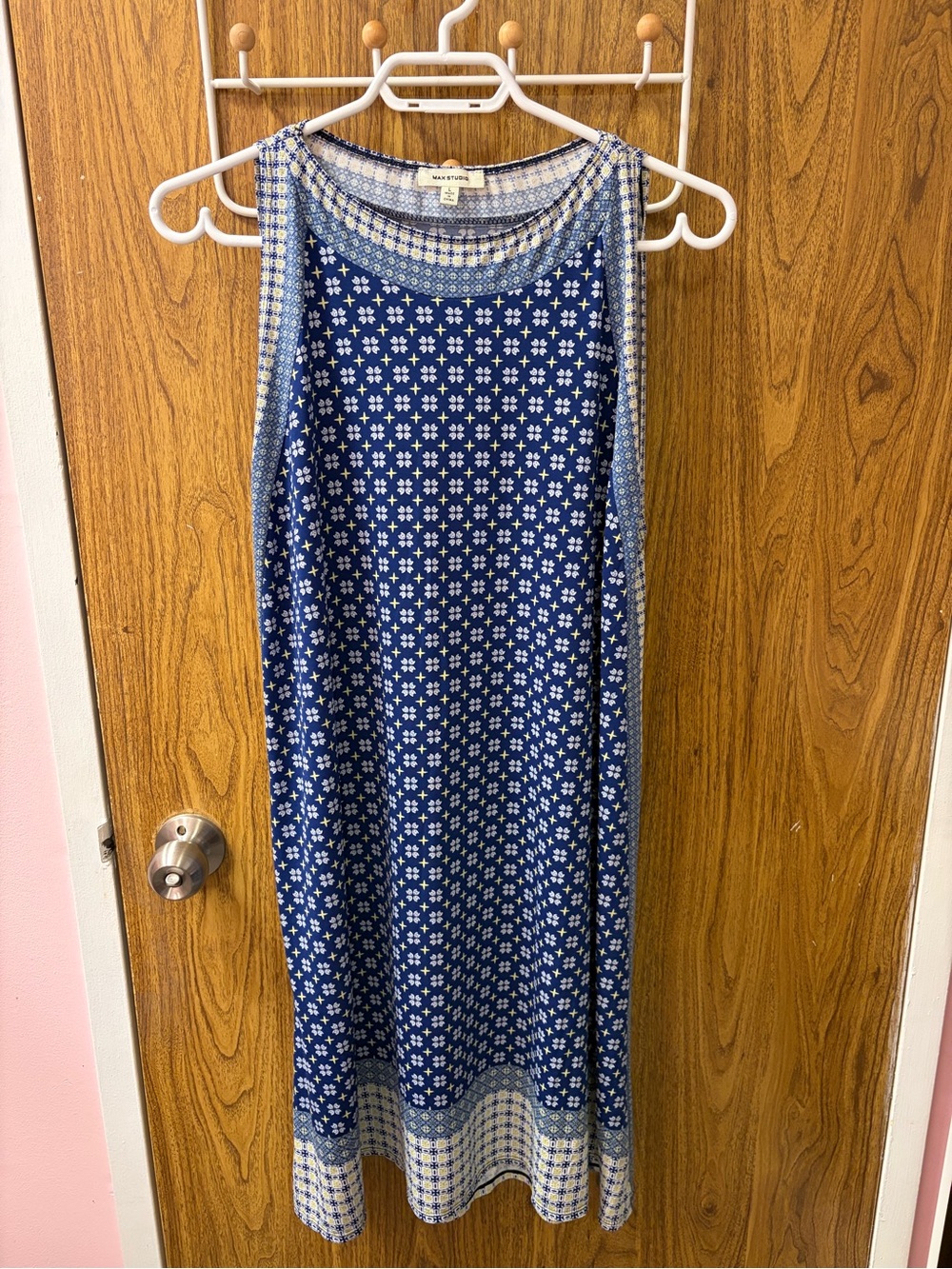 Blue Printed Sleeveless Midi Dress
